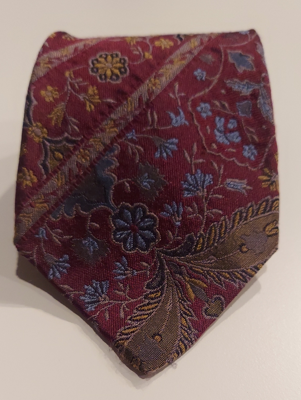 Vintage Alfani Burgundy Floral Paisley Silk Tie with Blue Accents